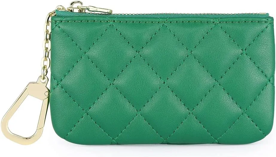 Premium Genuine Full Grain Leather Mini Coin Purse Keychain Pouch Card Holder for Men Women (Green Quilted)