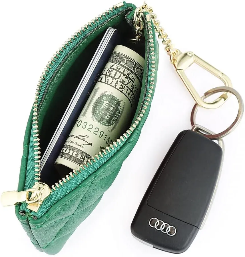 Premium Genuine Full Grain Leather Mini Coin Purse Keychain Pouch Card Holder for Men Women (Green Quilted)