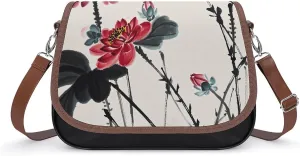 PU Leather Crossbody Bag Modern Ink Flower Print Flapover Tote Bag Shoulder Handbag Purse for Women with Adjustable Strap