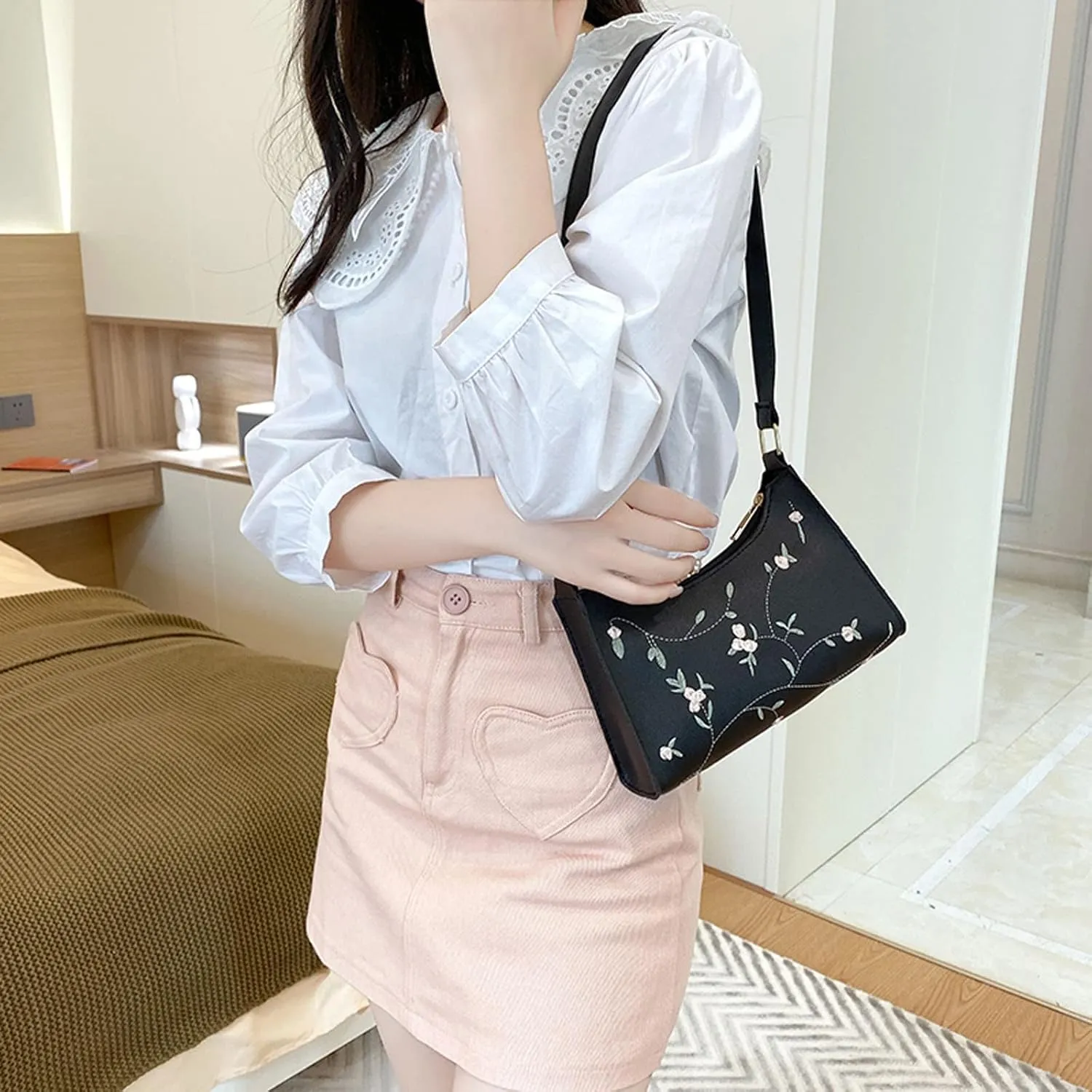 Puffer Tote Bag Mini Artificial Leather Embroidery Underarm Bag Phone Bag Shoulder Bag Messenger Bag For Shopping