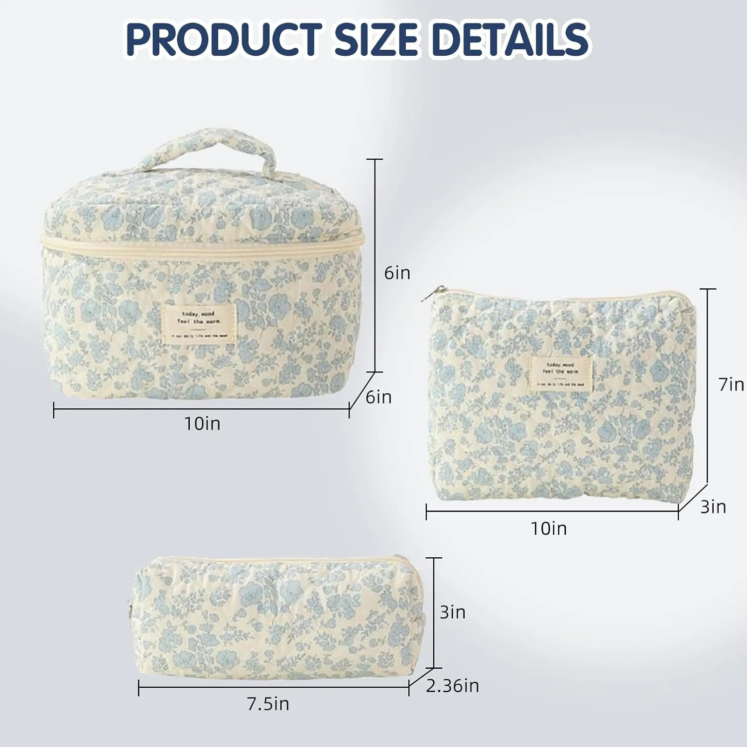 Quilted Floral Makeup Bag 3PCS, Cute Cotton Coquette Aesthetic Travel Toiletry Bag, Zipper Cosmetic Pouch, Daily Travel Use Skincare Bag, Large Capacity (Peach Petal Soft)
