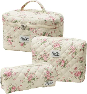 Quilted Floral Makeup Bag 3PCS, Cute Cotton Coquette Aesthetic Travel Toiletry Bag, Zipper Cosmetic Pouch, Daily Travel Use Skincare Bag, Large Capacity (Rose Blush Garden Pink)