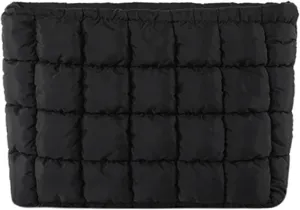 Quilted Makeup Bags Cosmetic Toiletry Organizer Bags Solid Puffer Clutch Cute Pouch for Women, Black