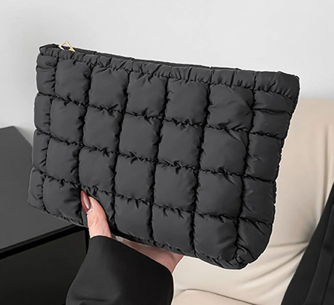 Quilted Makeup Bags Cosmetic Toiletry Organizer Bags Solid Puffer Clutch Cute Pouch for Women, Black