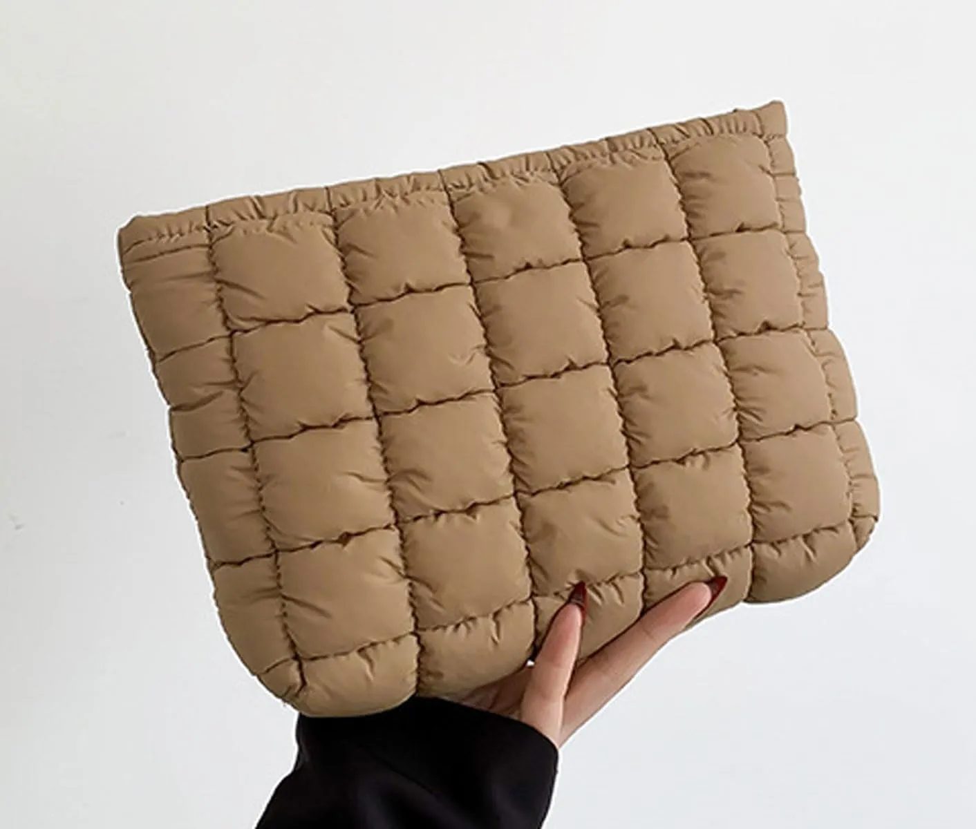 Quilted Makeup Bags Cosmetic Toiletry Organizer Bags Solid Puffer Clutch Cute Pouch for Women, Brown