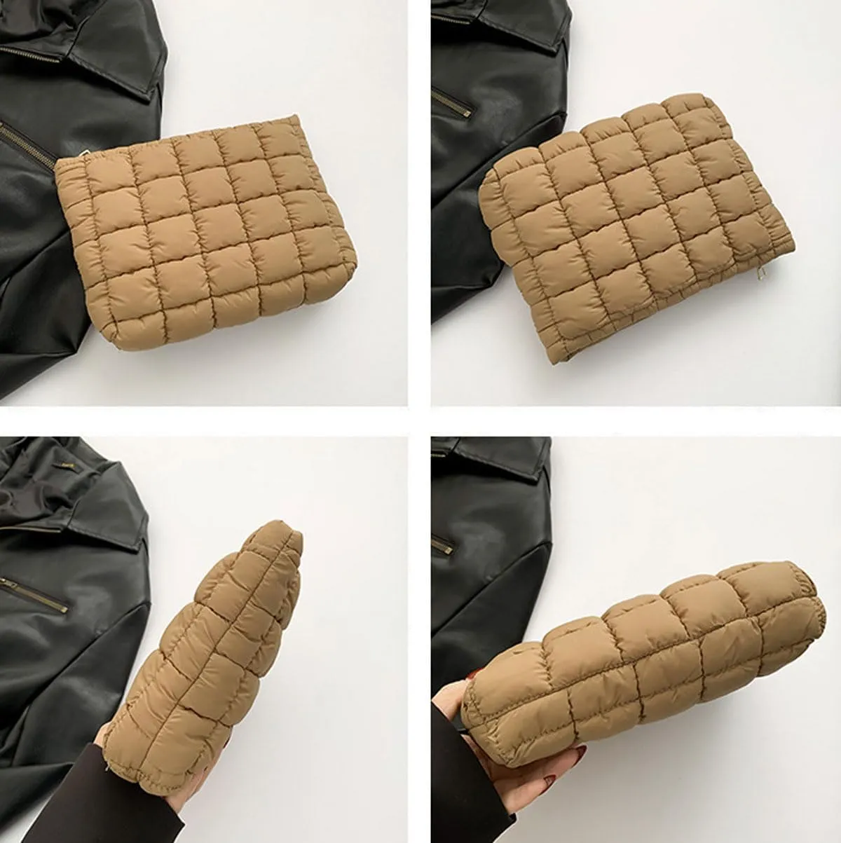 Quilted Makeup Bags Cosmetic Toiletry Organizer Bags Solid Puffer Clutch Cute Pouch for Women, Brown