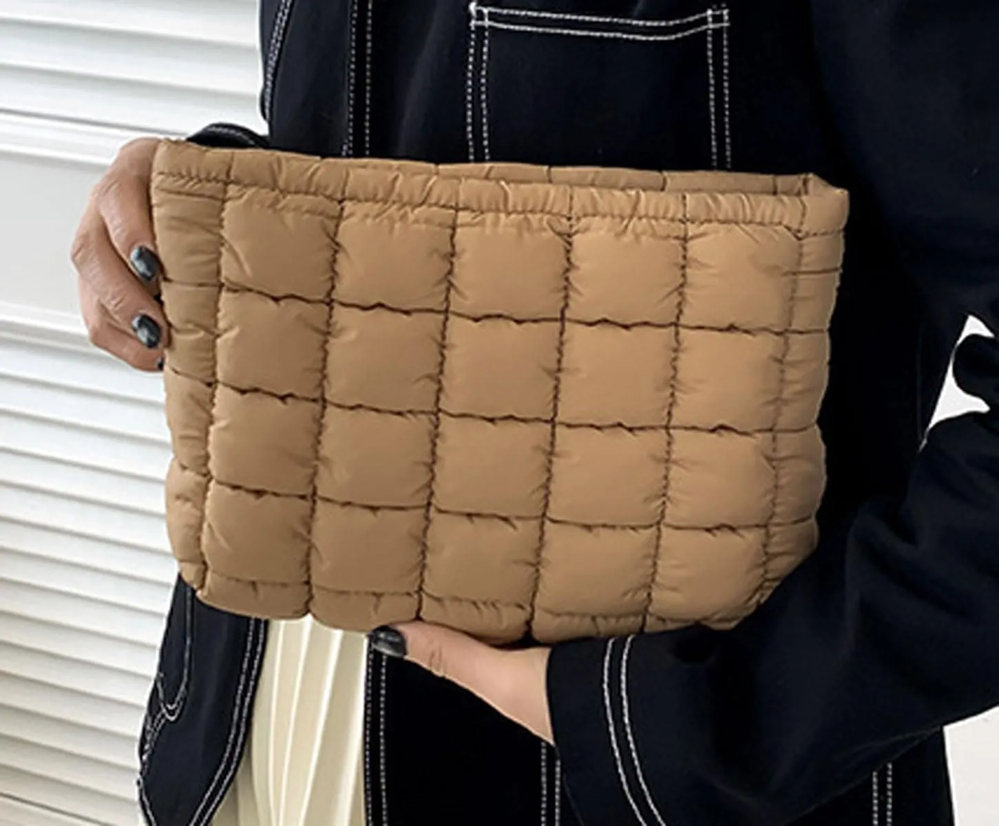 Quilted Makeup Bags Cosmetic Toiletry Organizer Bags Solid Puffer Clutch Cute Pouch for Women, Brown