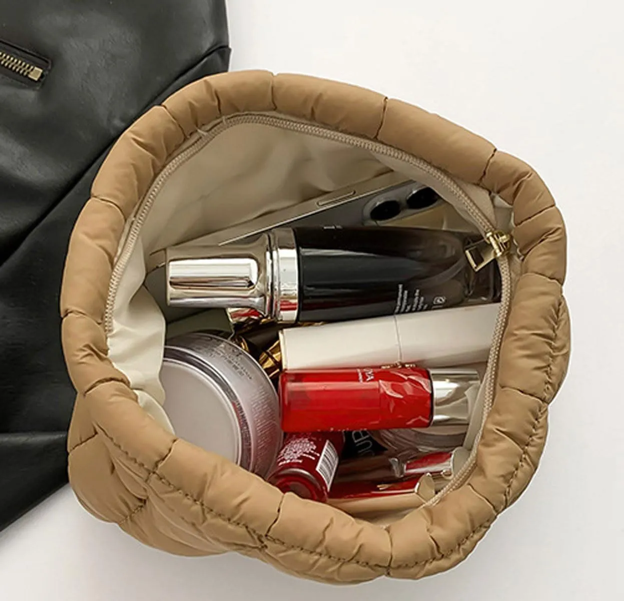 Quilted Makeup Bags Cosmetic Toiletry Organizer Bags Solid Puffer Clutch Cute Pouch for Women, Brown