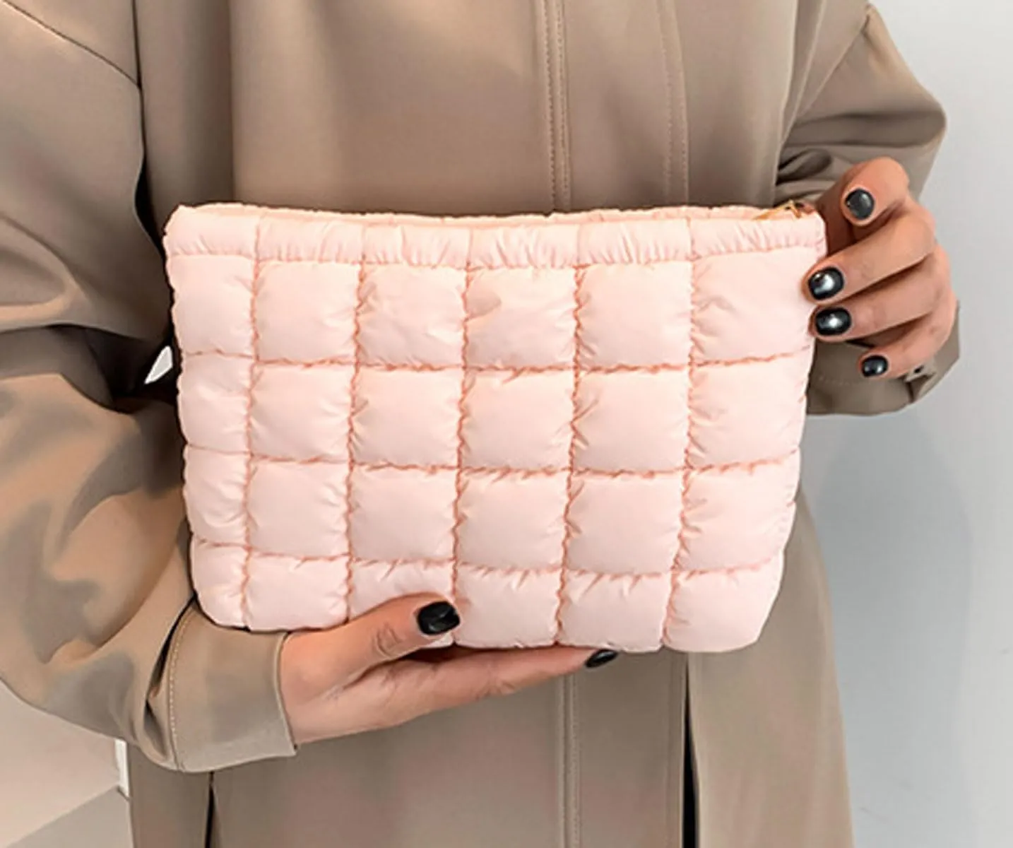 Quilted Makeup Bags Cosmetic Toiletry Organizer Bags Solid Puffer Clutch Cute Pouch for Women, Pink
