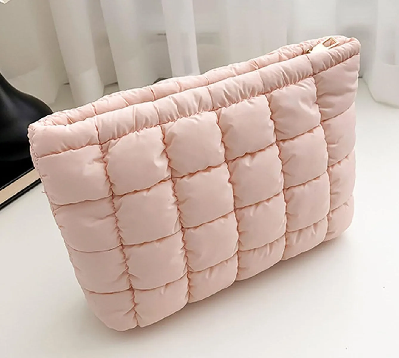 Quilted Makeup Bags Cosmetic Toiletry Organizer Bags Solid Puffer Clutch Cute Pouch for Women, Pink