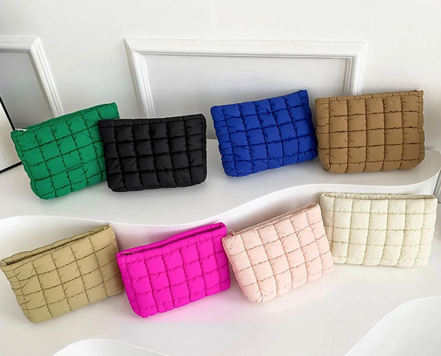 Quilted Makeup Bags Cosmetic Toiletry Organizer Bags Solid Puffer Clutch Cute Pouch for Women, Pink