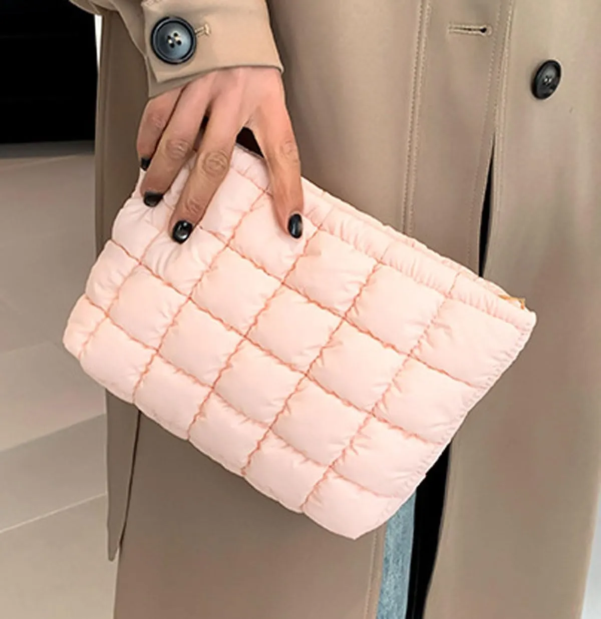 Quilted Makeup Bags Cosmetic Toiletry Organizer Bags Solid Puffer Clutch Cute Pouch for Women, Pink
