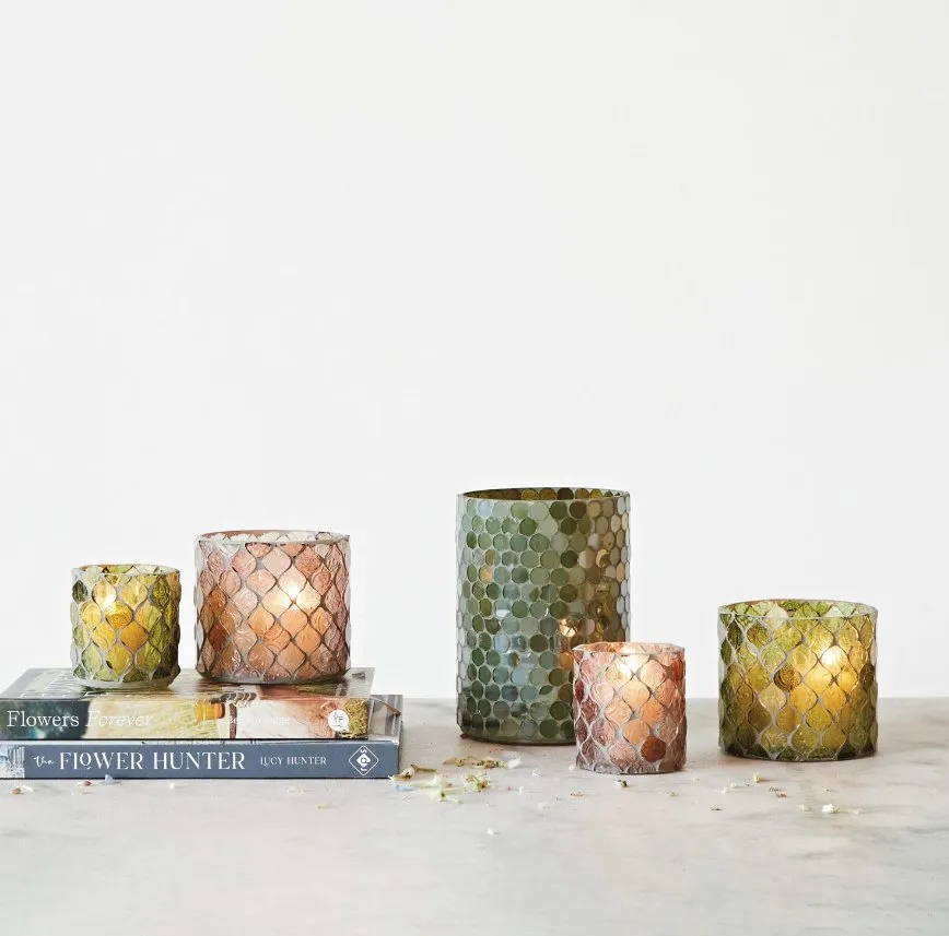 Recycled Glass Mosaic Tealight/Votive Holder - Plum