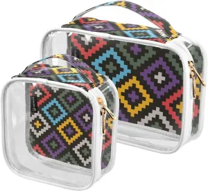 Retro Geometric 2 Pieces Clear Makeup Cosmetic Bags for Traveling Vacation Organizing, Toiletry Bags for Women Men, PVC Waterproof Travel Organizer
