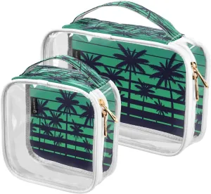 Retro Palms 2 Pieces Clear Makeup Cosmetic Bags for Traveling Vacation Organizing, Toiletry Bags for Women Men, PVC Waterproof Travel Organizer