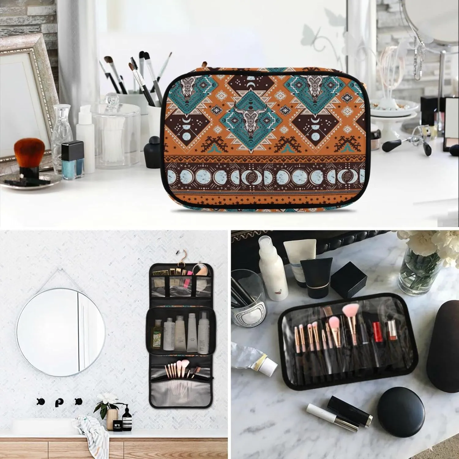 senya Indian Tribal Aztec Ornament with Skulls Toiletry Bag Hanging Travel Makeup Bag 3 PCS, Portable Makeup Organizer Cosmetic Bag Clear