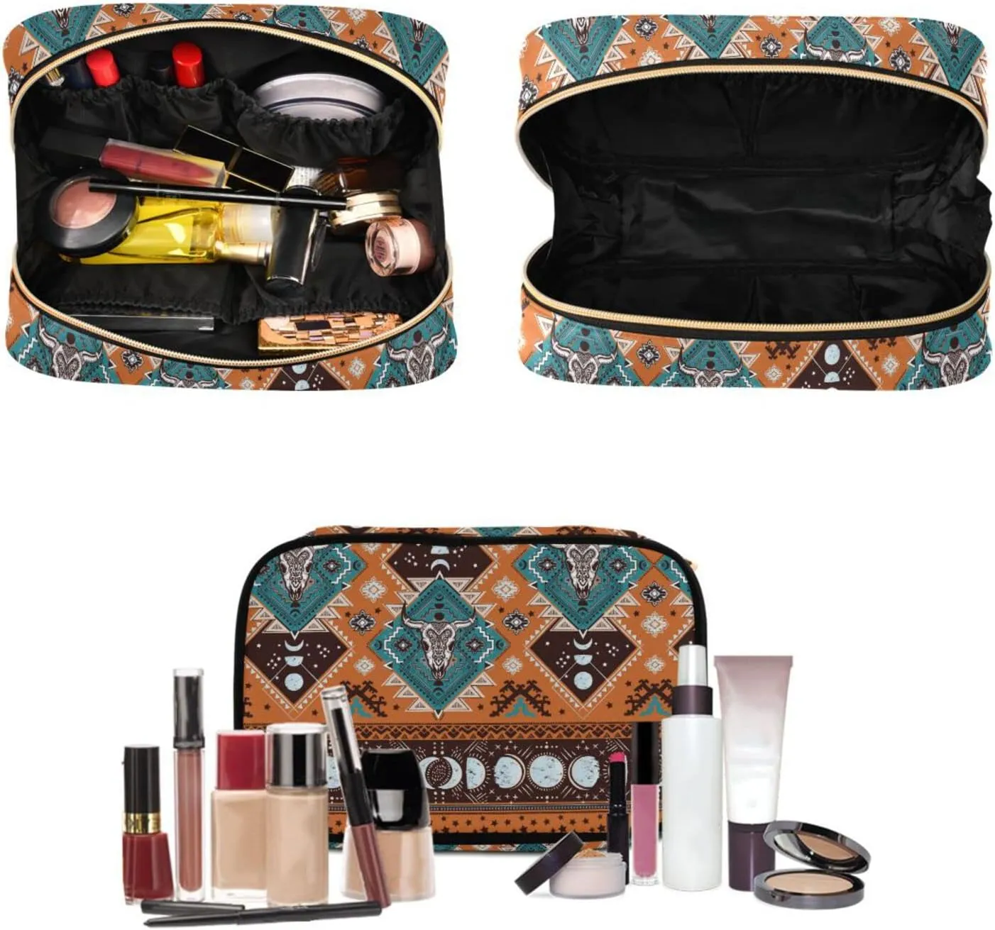 senya Indian Tribal Aztec Ornament with Skulls Toiletry Bag Hanging Travel Makeup Bag 3 PCS, Portable Makeup Organizer Cosmetic Bag Clear