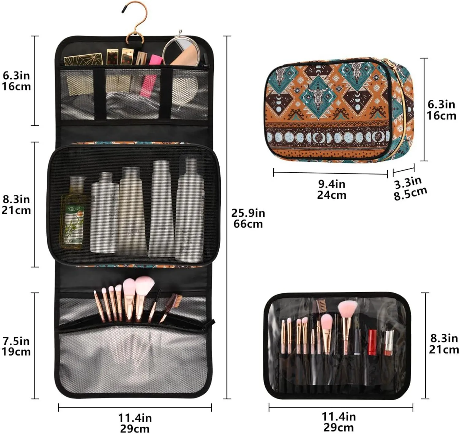 senya Indian Tribal Aztec Ornament with Skulls Toiletry Bag Hanging Travel Makeup Bag 3 PCS, Portable Makeup Organizer Cosmetic Bag Clear