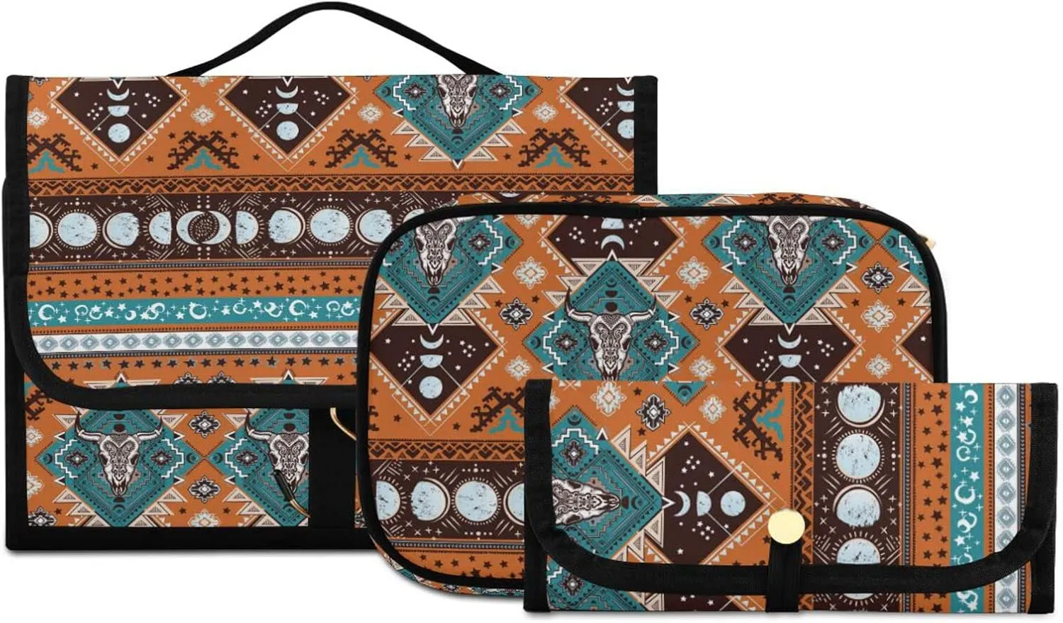senya Indian Tribal Aztec Ornament with Skulls Toiletry Bag Hanging Travel Makeup Bag 3 PCS, Portable Makeup Organizer Cosmetic Bag Clear