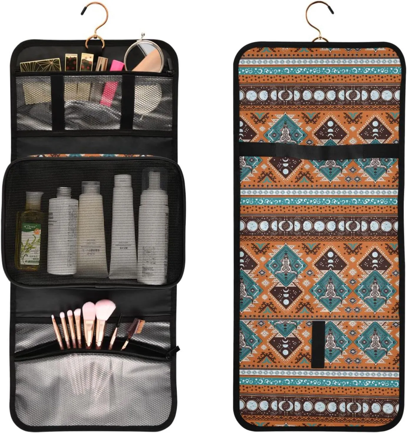 senya Indian Tribal Aztec Ornament with Skulls Toiletry Bag Hanging Travel Makeup Bag 3 PCS, Portable Makeup Organizer Cosmetic Bag Clear