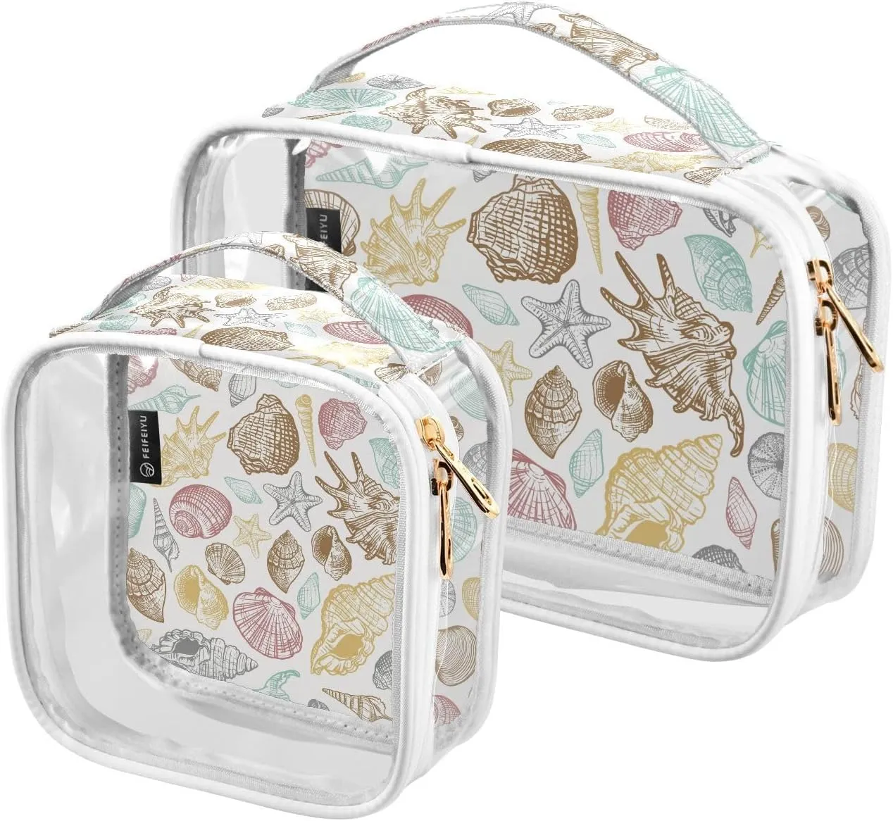 Shells Trendy 2 Pieces Clear Makeup Cosmetic Bags for Traveling Vacation Organizing, Toiletry Bags for Women Men, PVC Waterproof Travel Organizer