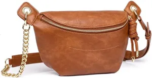Sling Bag for Women Vintage PU Leather Crossbody Bag Roomy Shoulder Purse Designer Fanny Pack with Chain Strap, Brown, One Size