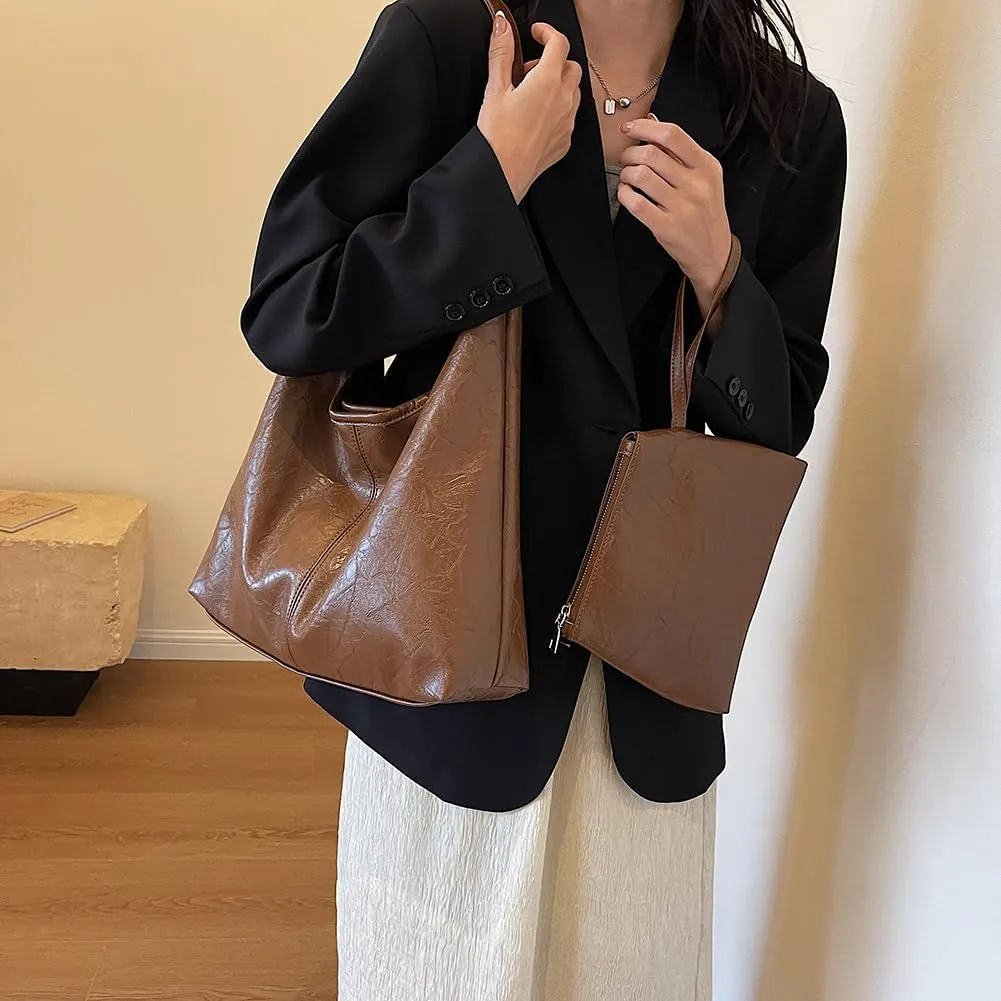 Slouchy Hobo Bags for Women Large Tote Bag 2PCS Retro Vegan Leather Shoulder Slouchy Handbags with Clutch Purse Set