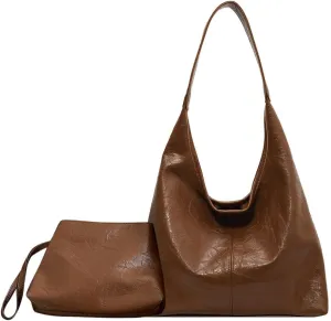 Slouchy Hobo Bags for Women Large Tote Bag 2PCS Retro Vegan Leather Shoulder Slouchy Handbags with Clutch Purse Set