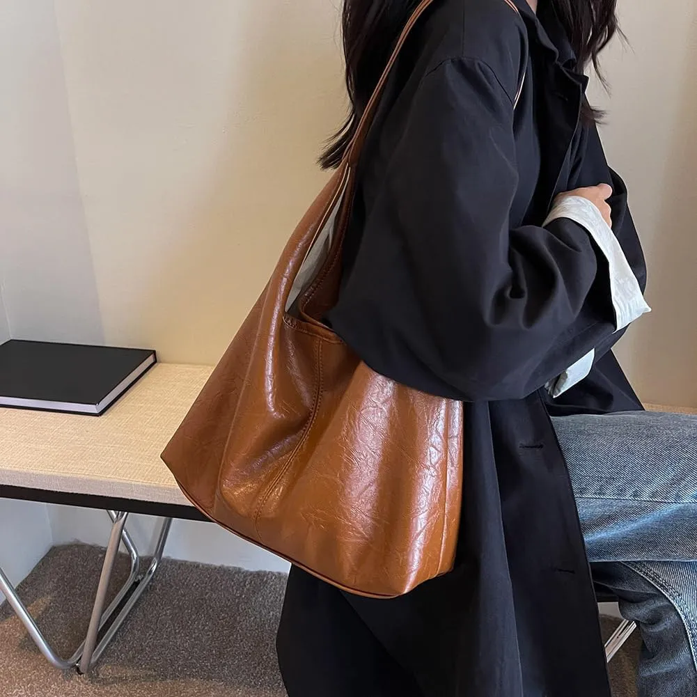 Slouchy Hobo Bags for Women Large Tote Bag 2PCS Retro Vegan Leather Shoulder Slouchy Handbags with Clutch Purse Set