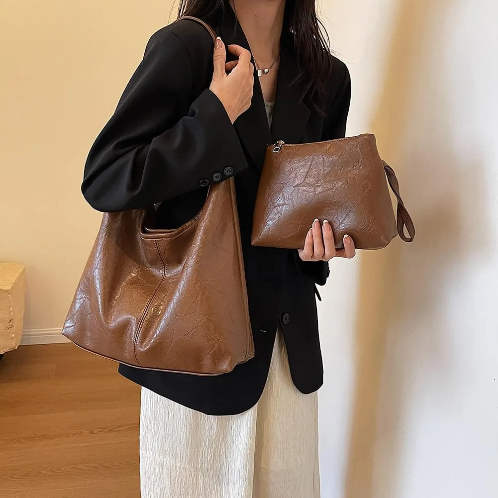 Slouchy Hobo Bags for Women Large Tote Bag 2PCS Retro Vegan Leather Shoulder Slouchy Handbags with Clutch Purse Set