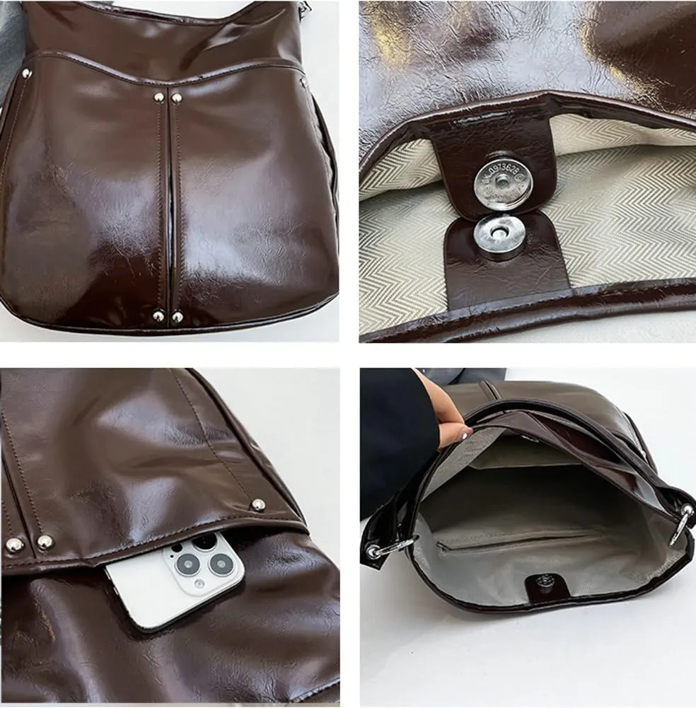 Slouchy PU Leather Crescent Hobo Bags Women Trendy Crossbody Purse Shoulder Bag Top-handle Satchels Travel Tote Handbag