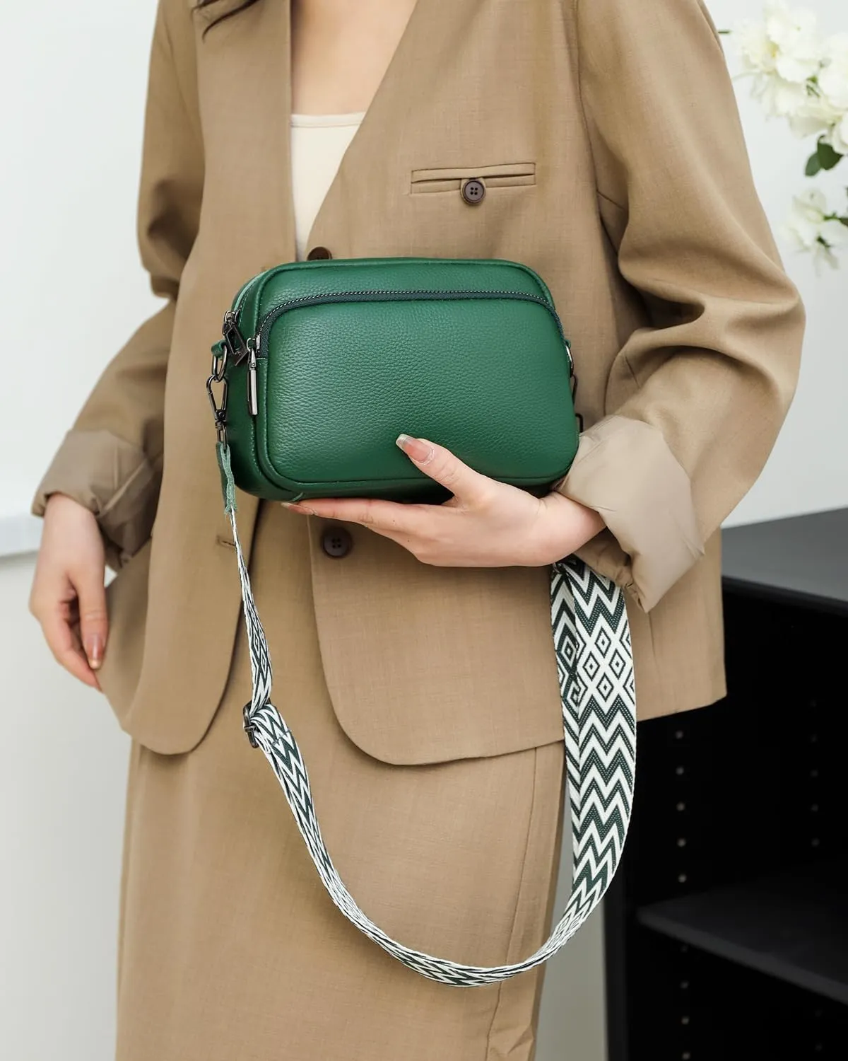 Small Crossbody Bag for Women Genuine leather Crossbody Purses with Wide Guitar Strap Shoulder Handbag Satchel