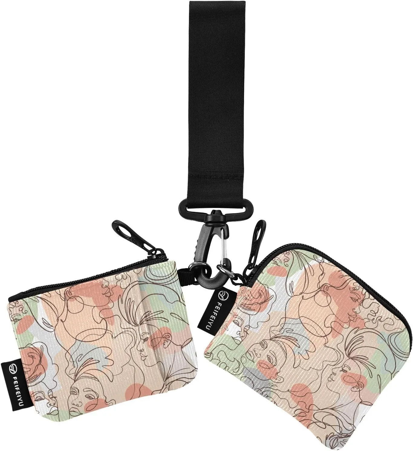 Small Wallet for Women Modern Abstract Female Faces Zip Around Dual Pouch Wristlet Wallets for Women Portable Card Wallet