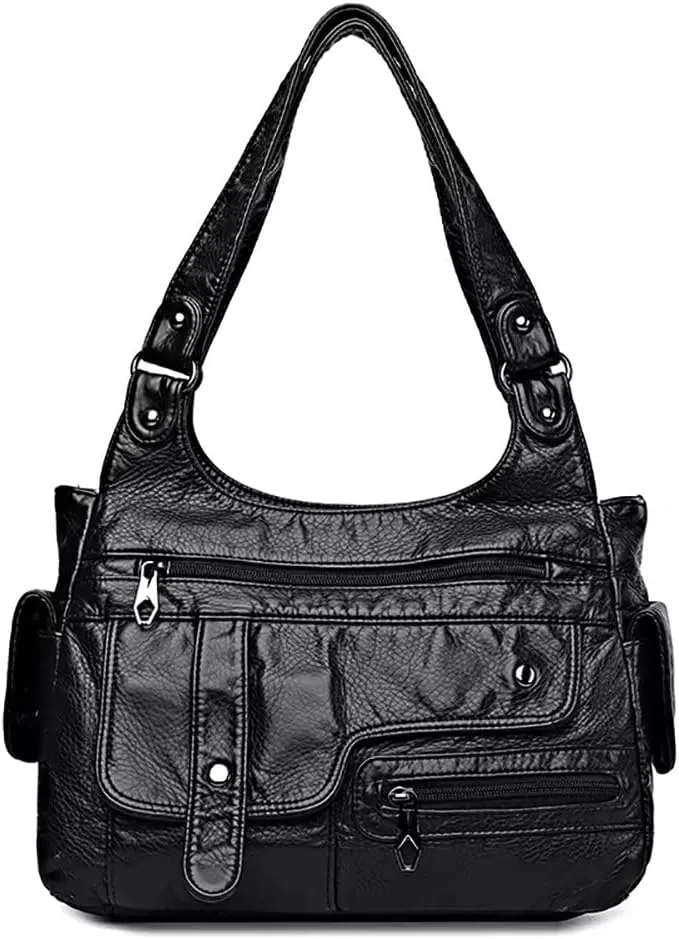 Soft Leather Shoulder Bag for Women Multi-pockets Tote Handbag Vintage Hobo Bag Roomy Top Handle Satchel for Daily Use