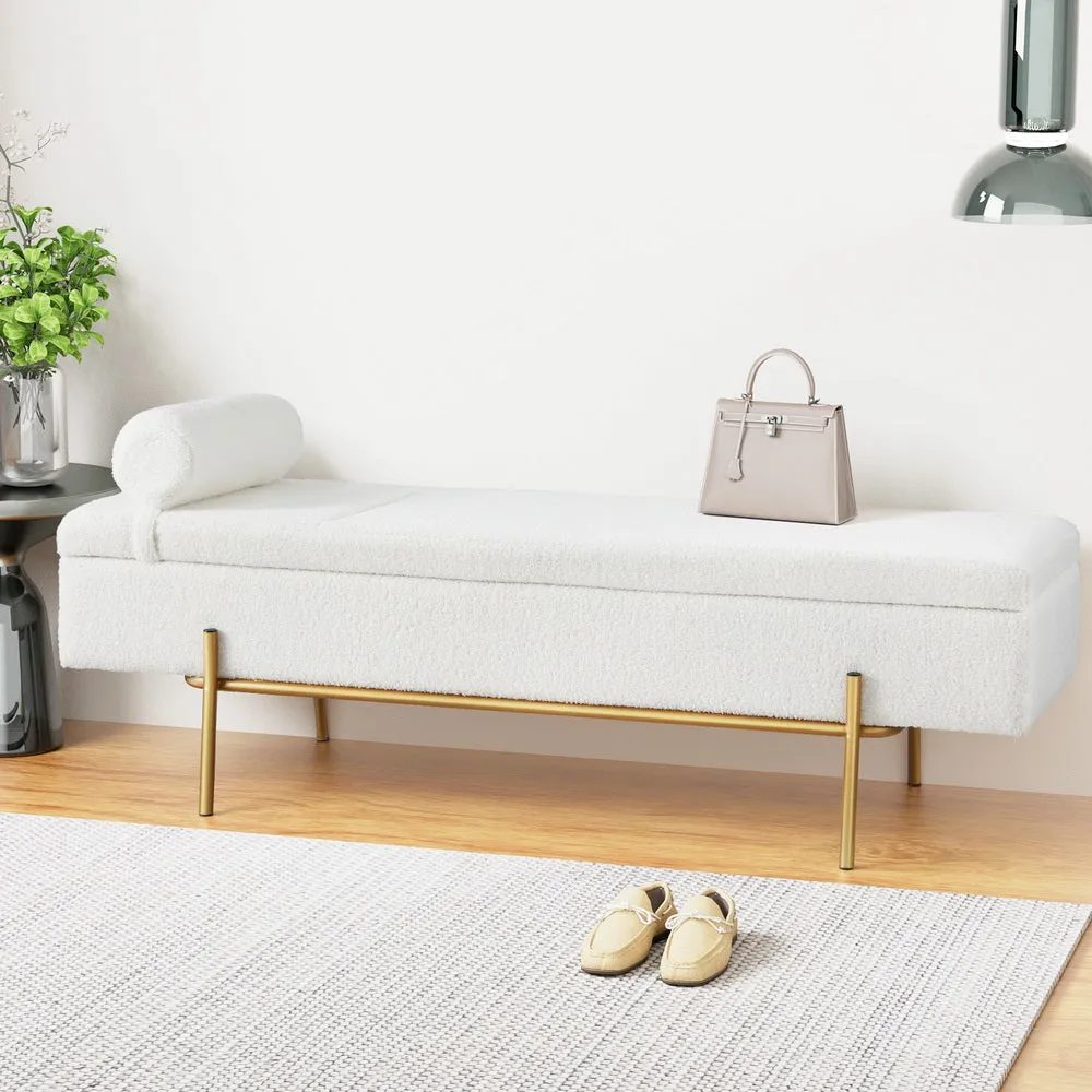 Storage Ottoman Bed 140cm Pillow Boucle Fabric - White