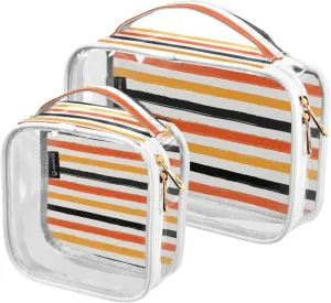 Striped Black Yellow Orange 2 Pieces Clear Makeup Cosmetic Bags for Traveling Vacation Organizing, Toiletry Bags for Women Men, PVC Waterproof Travel Organizer