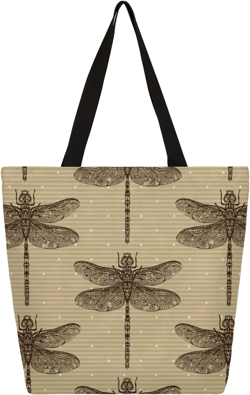 Striped Polka Dot Dragonfly Silhouette Large Capacity Canvas Tote Bag Stylish Handheld Shoulder Bag Reusable Shopping Bag for Work Travel Beach Trips Shopping