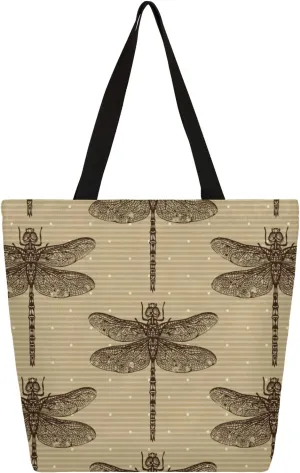Striped Polka Dot Dragonfly Silhouette Large Capacity Canvas Tote Bag Stylish Handheld Shoulder Bag Reusable Shopping Bag for Work Travel Beach Trips Shopping