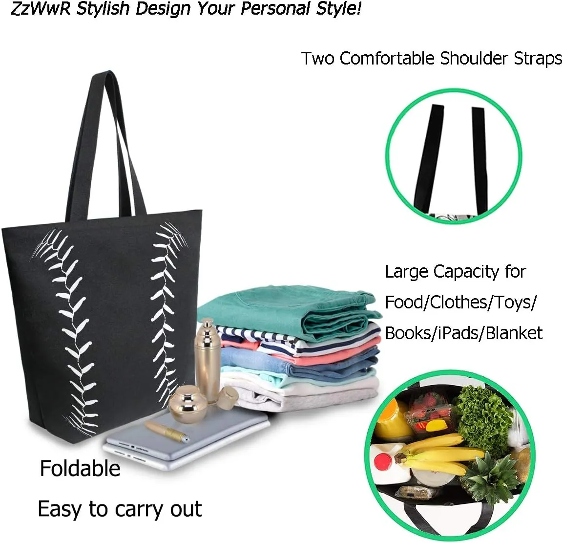 Stylish Baseball Lace Pattern Extra Large Canvas Shoulder Tote Top Storage Handle Bag for Gym Beach Weekender Travel Reusable Grocery Shopping
