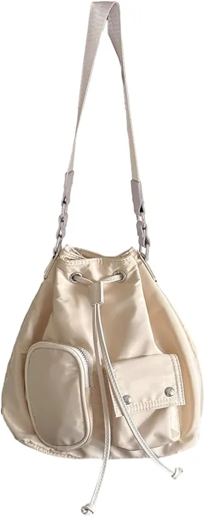 Stylish Drawstring Bucket Bag for Women Fashion Nylon Shoulder Bags Large Capacity Top Handle Crossbody Bag