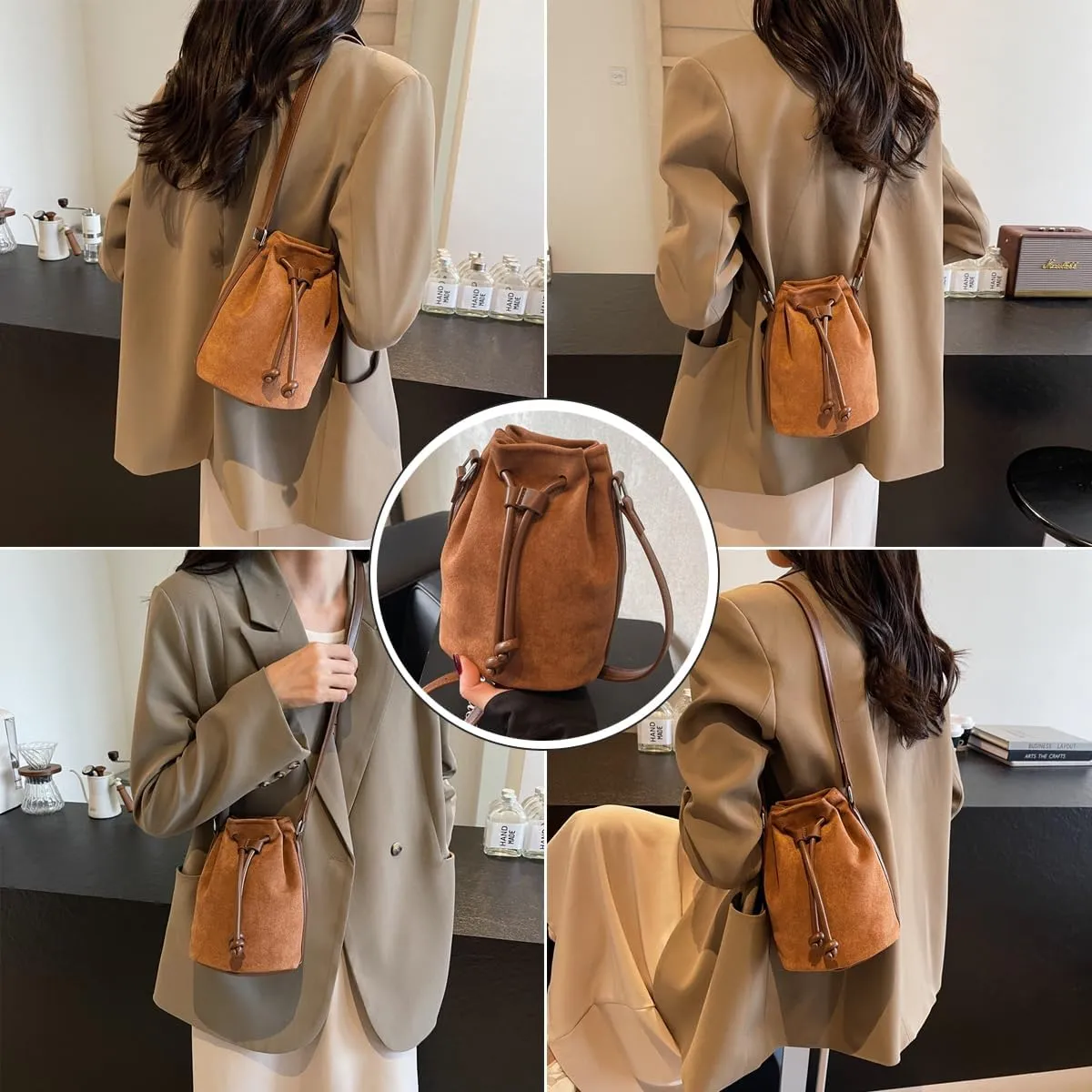 Suede Bucket Bag for Women Small Crossbody Hobo Bags Suede Tote Bag Shoulder Bag Drawstring Bucket Handbags