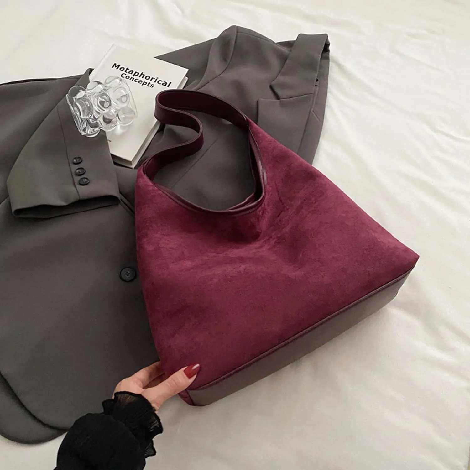 Suede purses for Women 2024 Slouchy Shoulder Bags Soft Leather hobo bag Brown Tote Handbag for Work Everyday