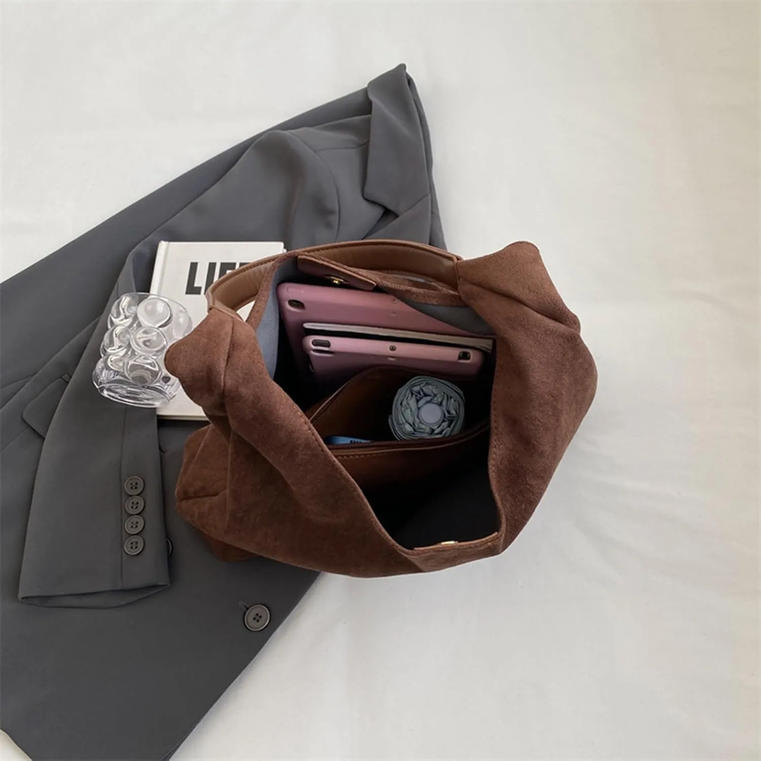 Suede purses for Women 2024 Slouchy Shoulder Bags Soft Leather hobo bag Brown Tote Handbag for Work Everyday