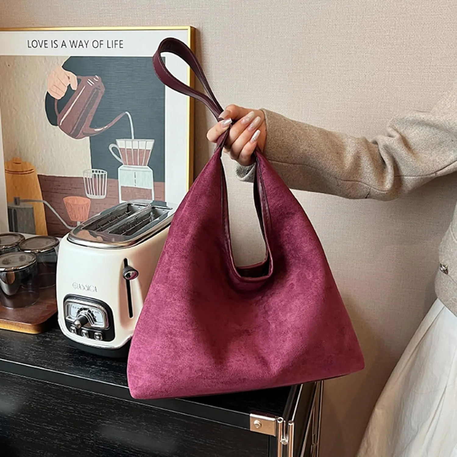 Suede purses for Women 2024 Slouchy Shoulder Bags Soft Leather hobo bag Brown Tote Handbag for Work Everyday