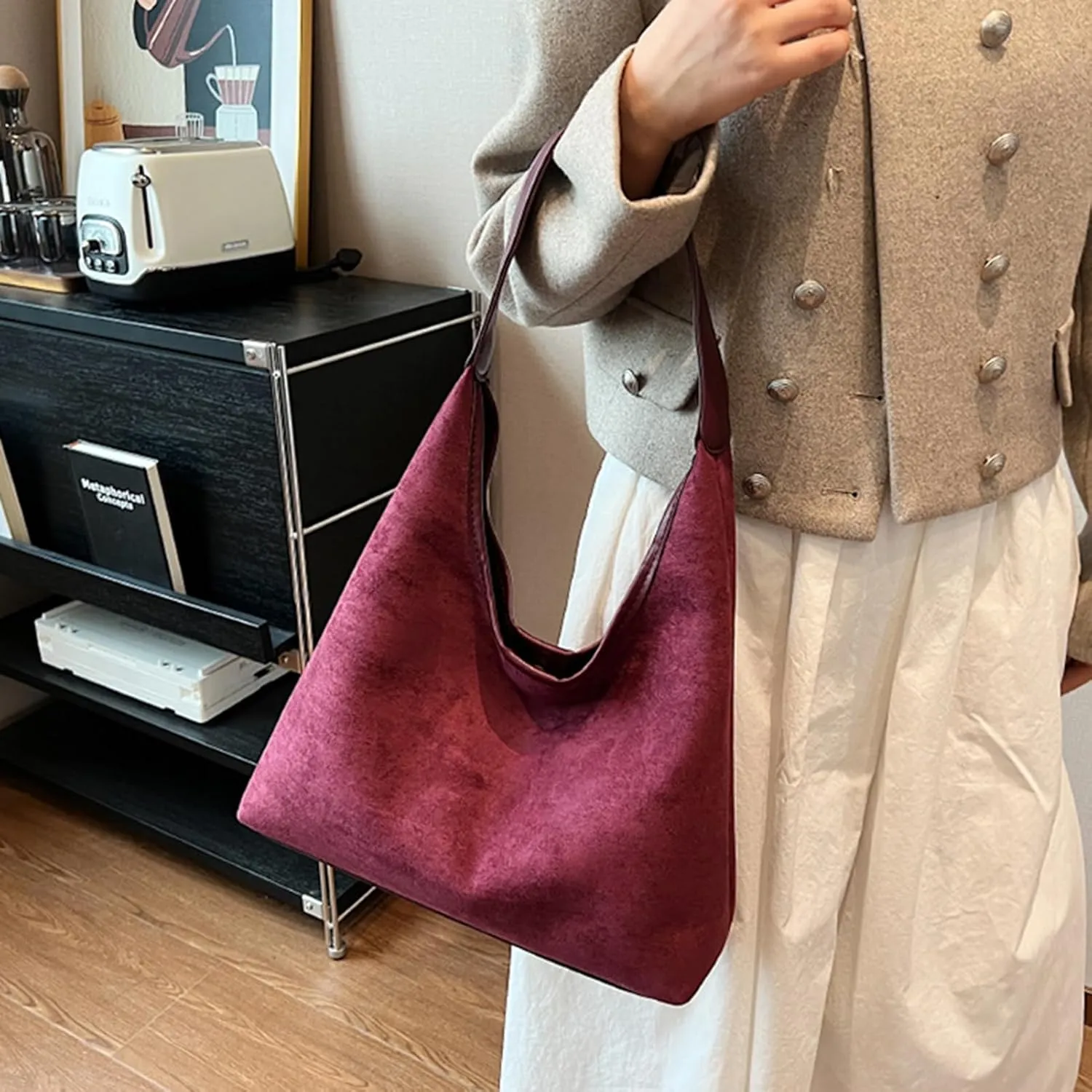Suede purses for Women 2024 Slouchy Shoulder Bags Soft Leather hobo bag Brown Tote Handbag for Work Everyday