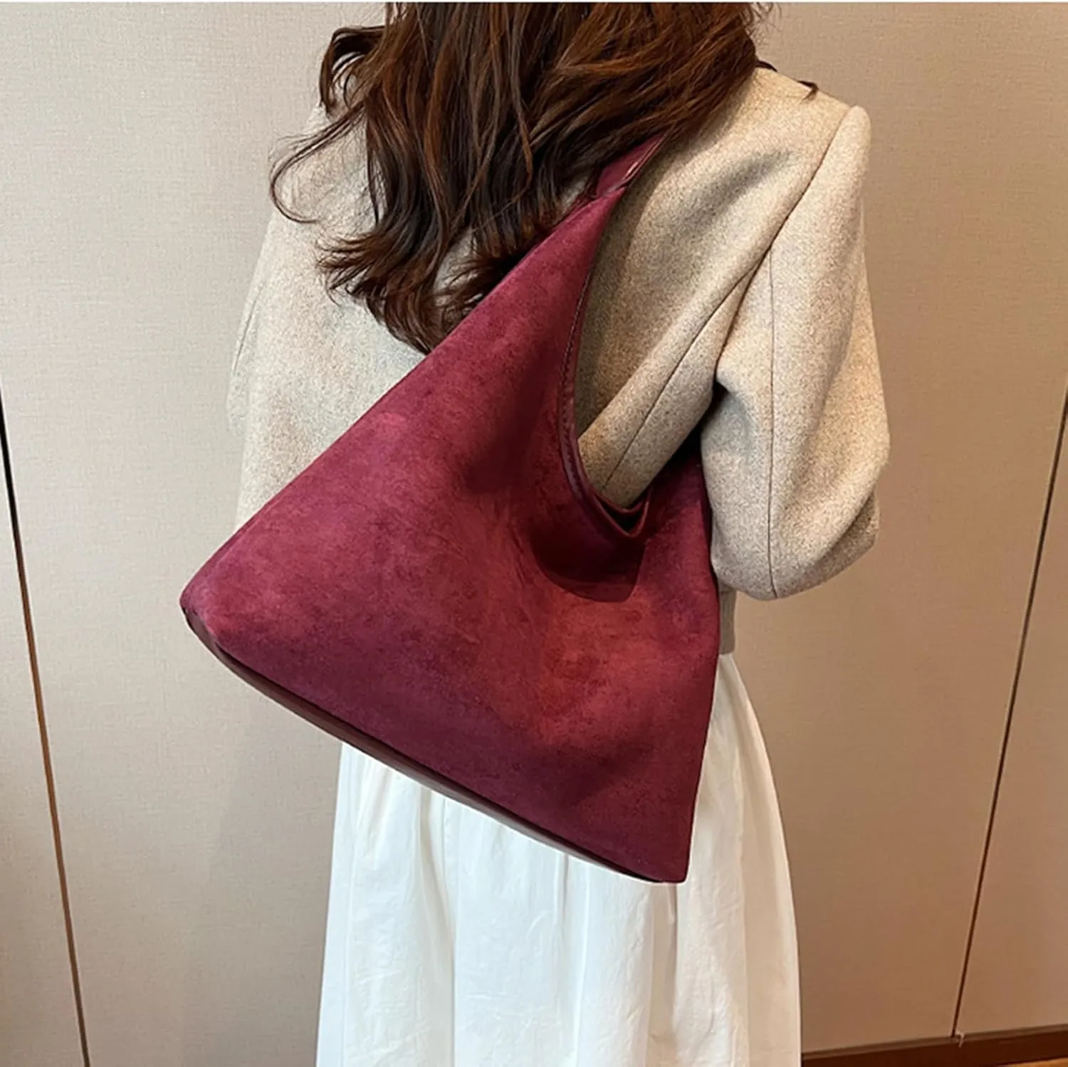 Suede purses for Women 2024 Slouchy Shoulder Bags Soft Leather hobo bag Brown Tote Handbag for Work Everyday