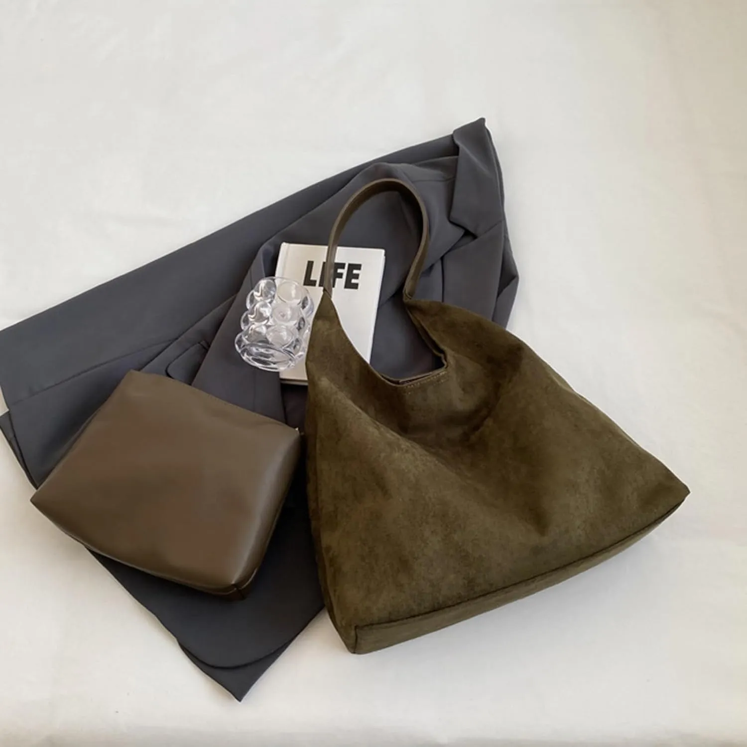 Suede purses for Women 2024 Slouchy Shoulder Bags Soft Leather hobo bag Brown Tote Handbag for Work Everyday
