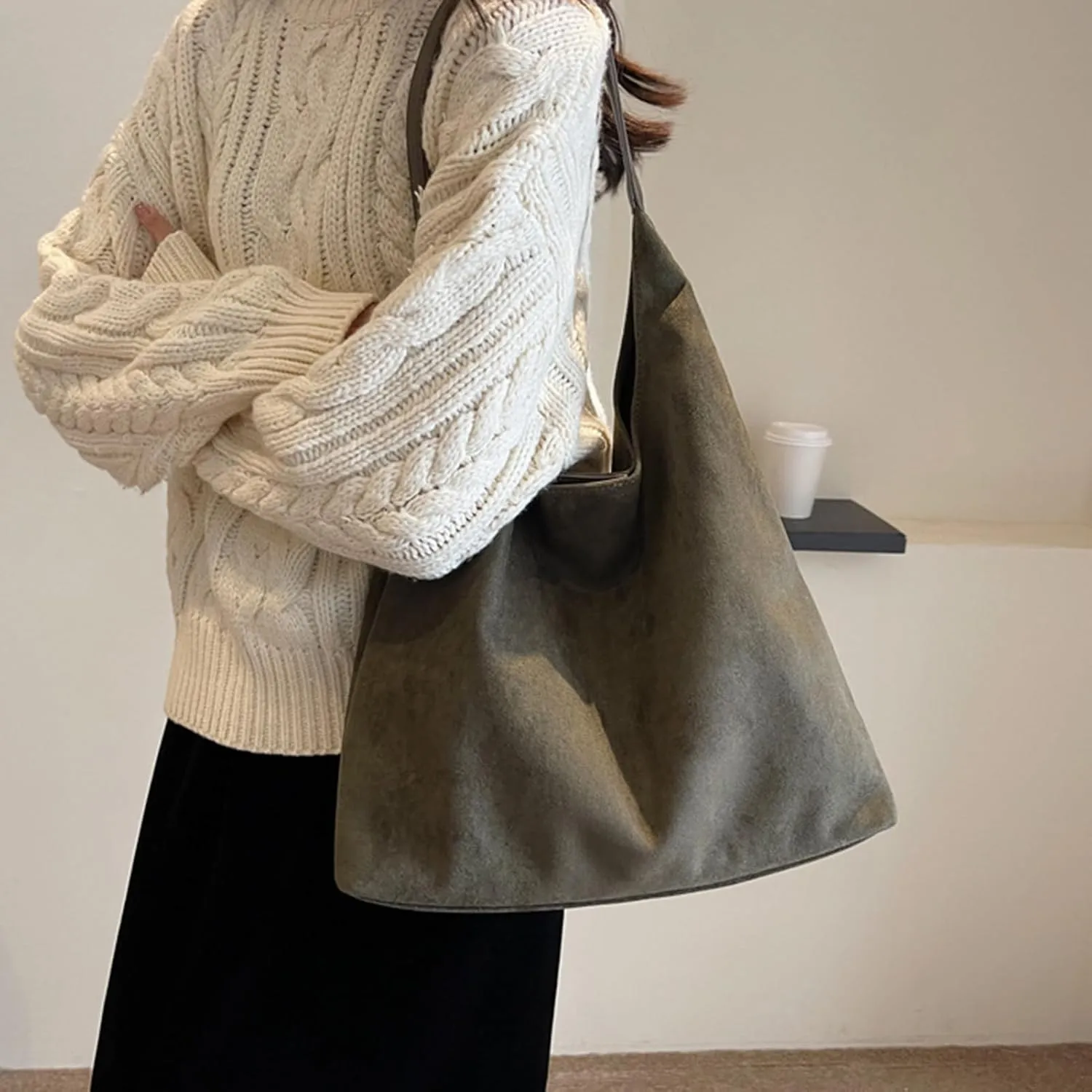 Suede purses for Women 2024 Slouchy Shoulder Bags Soft Leather hobo bag Brown Tote Handbag for Work Everyday