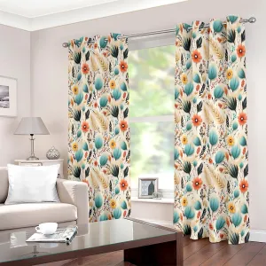 Teal Bohemian Leaf Petal Colourful Printed Curtain Set