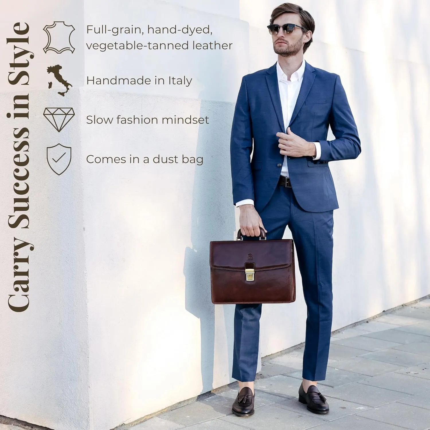 Time Resistance Leather Briefcase - Italian Handmade Leather Laptop Bag - Handbag for Men - Professional Computer Case
